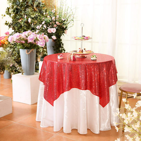 Eternal Beauty Red Square Sequin Tablecloth, Sparkly Overlay for Wedding Party Birthday Baby Shower Christmas 48"x48"