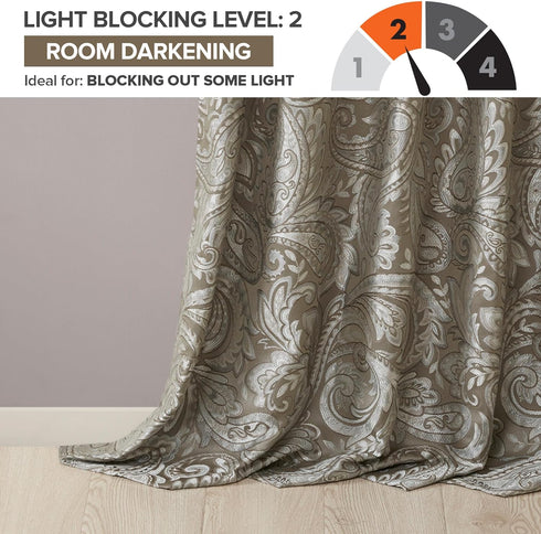 Madison Park Aubrey 2 Panel Curtain - Faux Silk Paisley Jacquard, 50x84, Taupe, Room Darkening