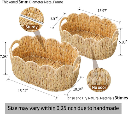 Set 2,Water Coeusy Scalloped Basket of Hyacinth Basket for Organizing and Decor,Hand-Woven Wicker Storage Baskets
