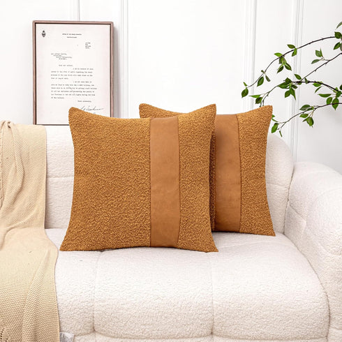 Pack 2 18 18 Inch of Orange Brown Boucle Decorative Pillow Cover with Faux Leather Modern Accent Pillow Case x Textured