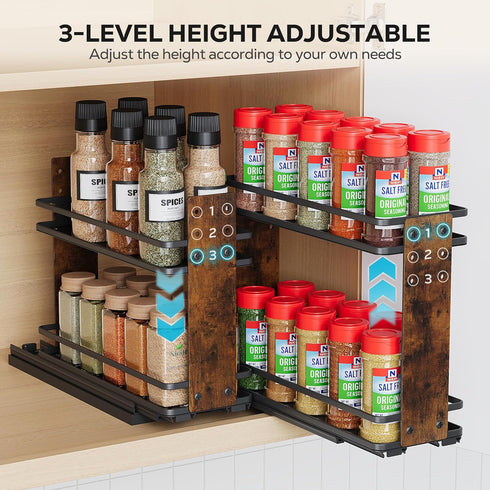 2 Nieifi Pull Out Spice Rack Organizer, Tiers, Wood Grain, Spice Organization for Cabinet, Height Adjustable, Easy