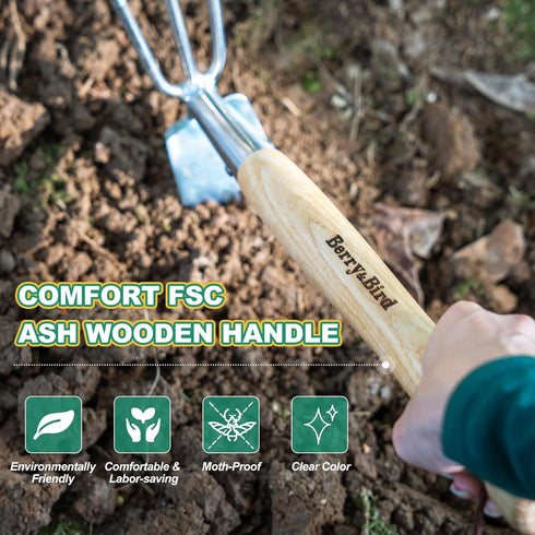 2IN1 14''Weeding Berry&Bird Hand Tools Hoe and Cultivator, Stainless Steel Garden Hand Tiller and Pickaxes with Wooden