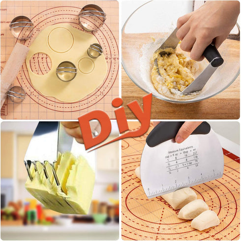 Baking Tools and Accessories Kit - Biscuit Cutter, Pastry Cutter, Bench Scraper, Silicone Baking Mat Set
