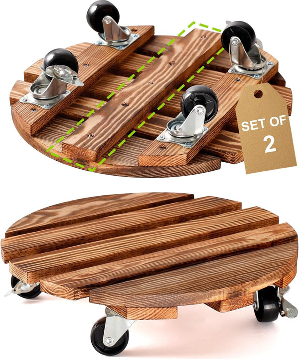 HOHY 2-Pack 12" Plant Caddy Plant Stand with Wheels Heavy Duty Wood