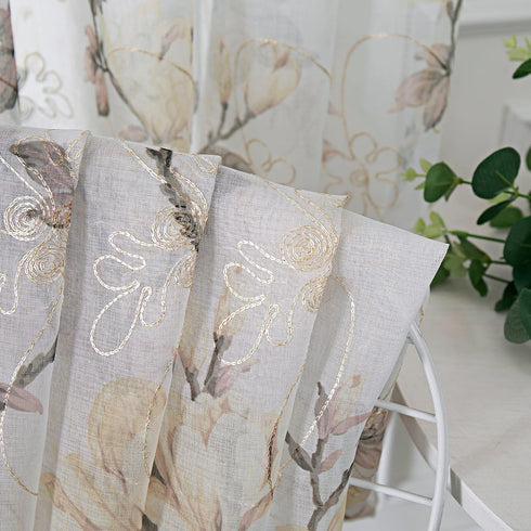 Tollpiz Floral Short White Sheer Tier Curtains, Set of 2 Panels, 30 x 24 inches, Flower Print Vine Embroidery for