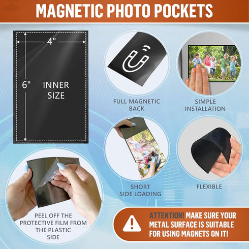 JUZARI 10 Pack 4x6 Magnetic Picture Frames for Refrigerator - Magnet Picture Frames for Fridge - Magnetic Photo Sleeves - Magnetic Photo Pockets - Magnetic Picture Holder - Locker Magnet Frames by JUZARI