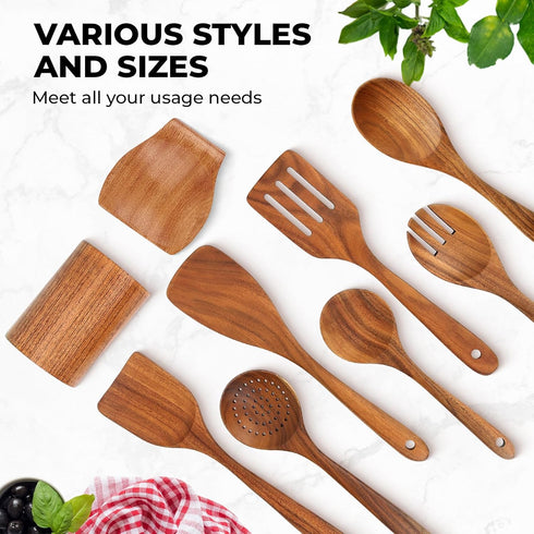 Wooden Cooking Utensils Set - Natural Teak Kitchen Utensil Set with Spoon Rest & Holder, 9 Piece