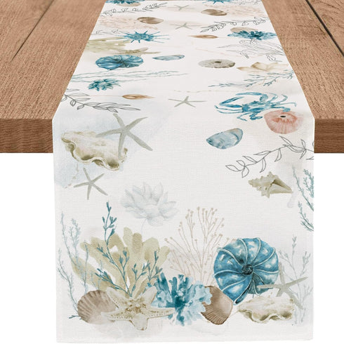 PROCIDA Blue Beach Table Runner Tropical Ocean Coastal Table Runners Seashell Burlap