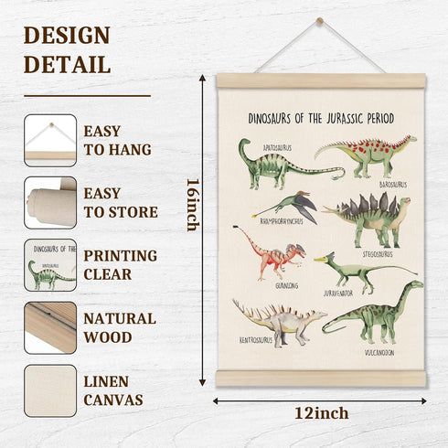 Set 3 16x12 Inch, of Dinosaur Posters Hanger Frame, Educational Artwork for Toddlers, Dinosaur Canvas Wall Art Kids