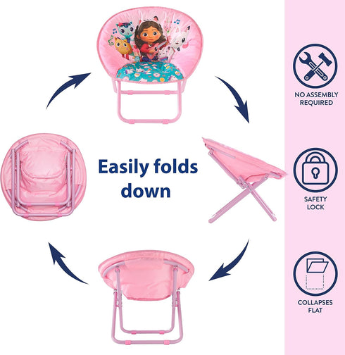 Chair,19 3+ Gabbys Dollhouse Toddler Saucer Kids Folding Lounge Chair with Soft Cushion & Sturdy Metal Frame, Portable