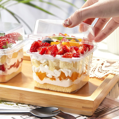 50Ct 8 oz TOFLEN Square Plastic Dessert Cups with Lids and Sporks, Clear Plastic Yogurt Parfait Cups Cake Cups