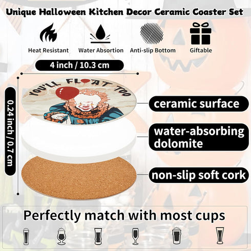 mivishhy Drinks,6 Set Scary Halloween Decor for Kitchen and Home,Spooky Character Stone Cork Coasters for Coffee Table