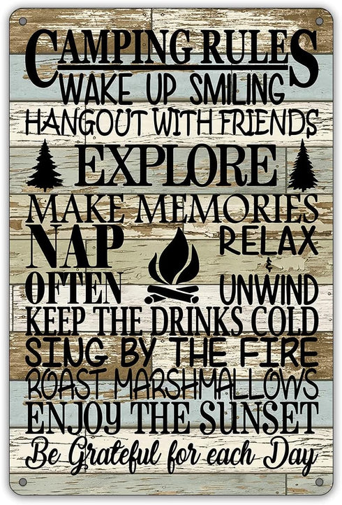 QIONGQI Funny Camping Rules Metal Tin Sign, Rustic Wall Decor for Home Camper Room Decor Gifts