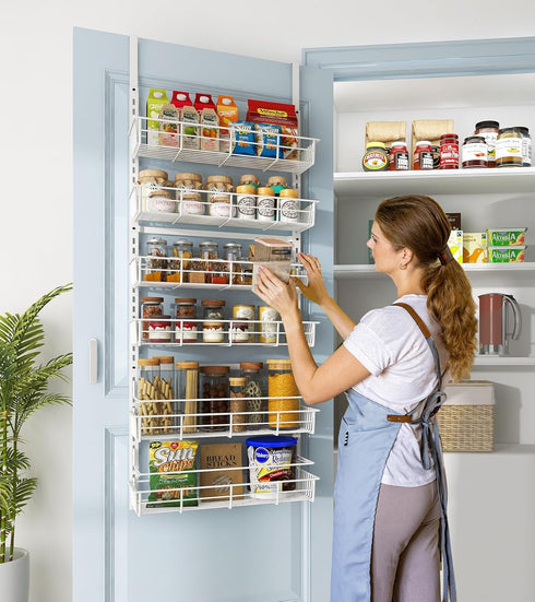 Over The Door Pantry Organizer, Wall Mount Spice Rack with 6 Adjustable Baskets for Home & Kitchen Storage (White)