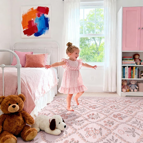 5x7 Pink Rug for Bedroom Girls, Washable Rug for Floral Nursery Decor, Cute Soft Low-Pile Non Slip Indoor Floor Carpet
