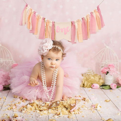 1st Girl Pink Theme Birthday High Chair Banner - Boho First Birthday Cake Smash Photo Decor (PINK ONE HF)