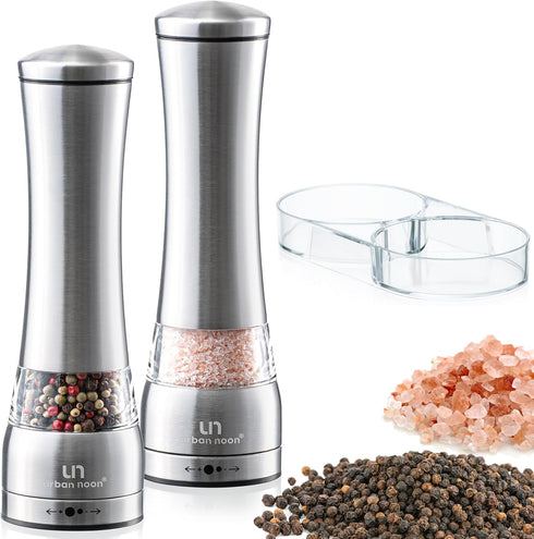 Salt and Pepper Grinder Set, Large Capacity Stainless Steel Grinders with Tray, Manual Mills, Set of 2
