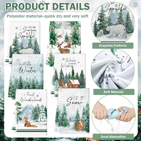 6 Hosuly Pcs Winter Kitchen Towels Forest Hand Towels Wild Animal Snowflake Warm Dish Clothes Farmhouse Winter