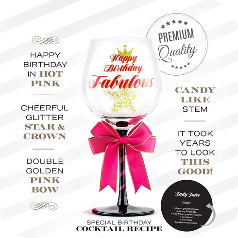 Happy Birthday Wine Glass for Women, Fun Gift Idea for Best Friend, Sister, Mom, Grandma, Teacher, Big Glitter Decorated