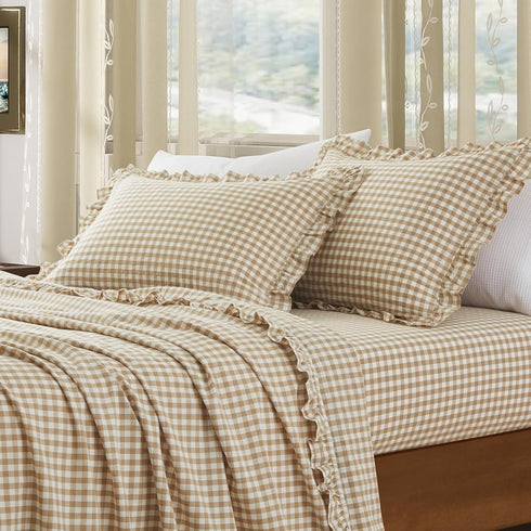 2 20x36 Inch, KKJIAF Pcs Plaid Ruffle Pillow Case King Size, Ruffled Gingham Cotton Pillowcases Linen Feel Plaid Bed