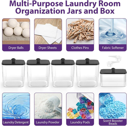 4+1 Pack COAZEX Clear Laundry Pods Container & Dryer Sheet Holder, Plastic Square Laundry Room Organization and Storage