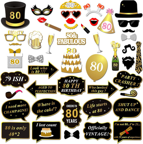 Konsait 80th Birthday Photo Booth Props, 48 Count Funny Party Props Kit for Man Woman 80th Birthday Decorations
