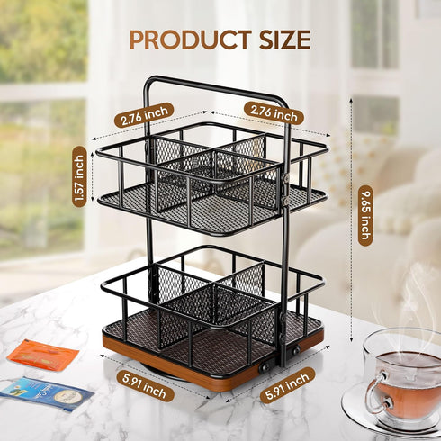2 8 360 Countertop 100+ Rotating Tea Bag Organizer Tier Basket Spinning Teabag Holder Organizer, Acacia Wood Iron Tea