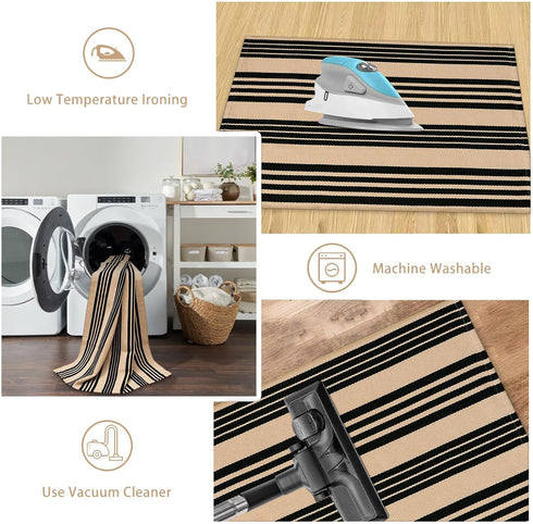 Black and Khaki Striped Rugs 2.3'x3.6', Washable Hand Woven Front Door Rug, Reversible Outdoor Welcome Mat