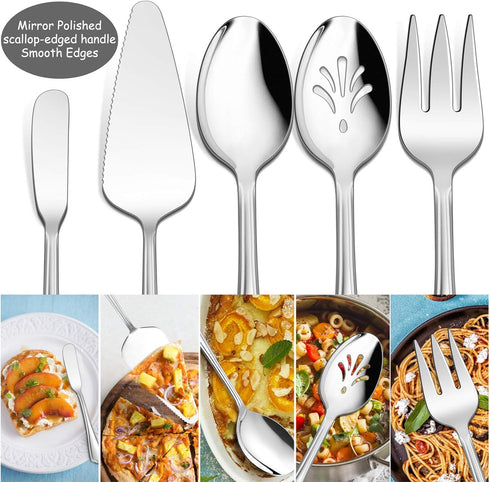 E-far 5-Piece Serving Utensils, Stainless Steel Scalloped Edge Hostess Set for Buffet Party, Dishwasher Safe