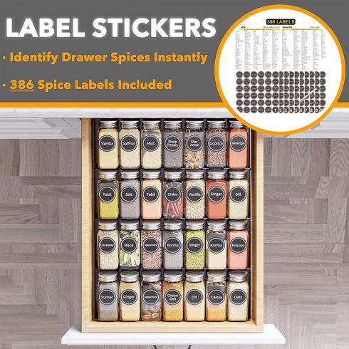 28 386 4 13" 17.5" SpaceAid Spice Drawer Organizer with Spice Jars, Spice Labels, Tier Seasoning Rack Tray Insert