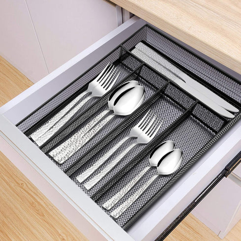 E-far Silverware Drawer Organizer - Black Mesh Wire Utensil Tray, 5 Compartment Cutlery Holder, Small Size