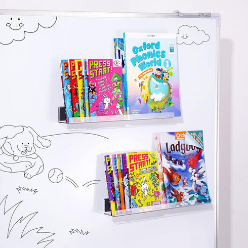 2-Pack, 17'' 8.5 lbs NiHome Clear Magnetic Acrylic Book Shelves for Whiteboard, Classroom and Fridge Storage, Sleek