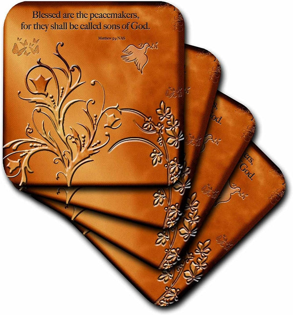 3dRose CST_37588_3 Blessed are The Peacemakers Matthew 5 V9 Floral with Dove and Butterflies Ceramic Tile Coasters, Set
