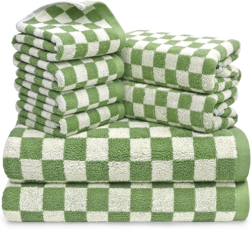 Jacquotha Green Checkered Towels Set of 8, Cotton Towels for Bathroom, 2