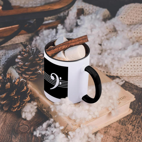 3dRose Black Bass Clef F-Clef on Musical Staves, Two Tone Black Mug, 11oz Musician Gift