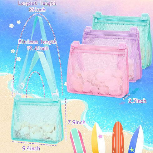 Tagitary Beach Toy Mesh Beach Bag, Sand Toy Seashell Bag with Zipper for Kids, Set of 3
