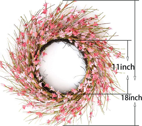 Bibelot 18inch Artificial Forsythia Flower Wreath, Pink, All Year Around Wreath for Front Door, Wedding Home Decor