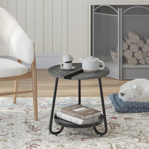 2 Tier Coffee Table in Living Room, Industrial Style Round Coffee Table with Metal Tray, Wood Small Outdoor Coffee