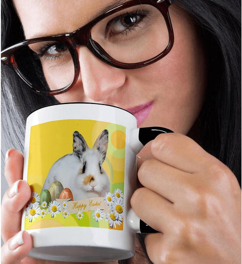 3dRose Calico Bunny Rabbit with Daisy Flowers Happy Easter Two Tone Mug, 1 Count (Pack of 1) - Black