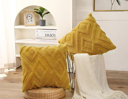 Set 2 24x24,Soft of Faux Fur Yellow Throw Pillow Covers Checkborad Pattern Decorative Boho Pillow Cover Case Cushion