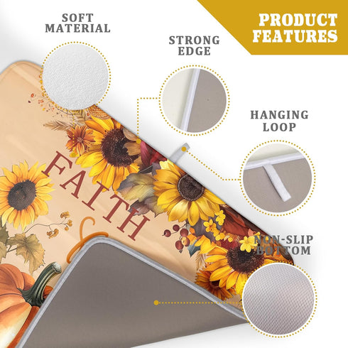 Fall Pumpkin Sunflower Dish Drying Mat 18”x24”, Absorbent Autumn Orange Pumpkins Drying Mat for Kitchen Counter