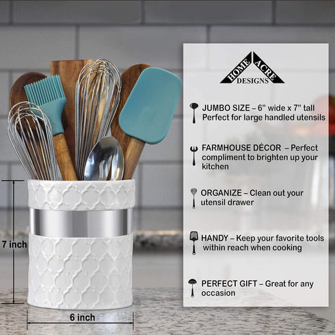 Home Acre Designs Large Ceramic Kitchen Utensil Holder, Farmhouse Countertop Crock in White/Silver