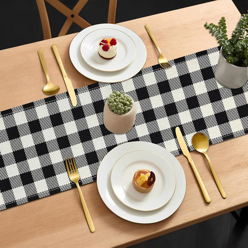 90 Inches (13x90) Buffalo Plaid Linen Table Runner Black and White Checkered Table Runners Long - Heat Resistant