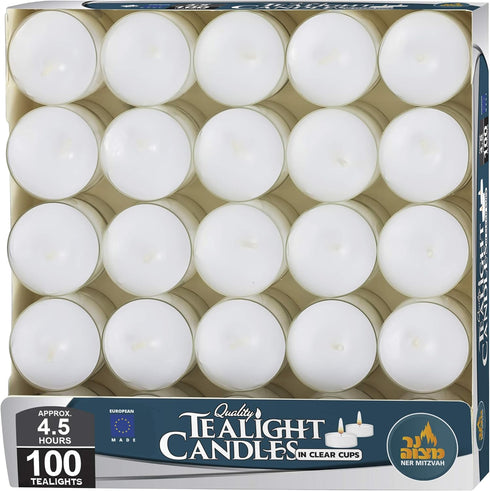 Ner Mitzvah Tea Light Candles, 100 Bulk Pack, White Unscented Tealight Candles in Clear Cup