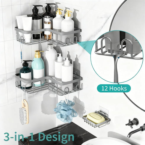 Moforoco Corner Shower Caddy Shelf Organizer Rack, Self Adhesive Grey Bathroom Shelves Basket, Home Wall Shower Inside