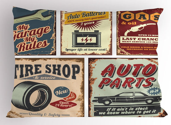 Lunarable 1950s Pillow Sham, Vintage Car Signs Garage Classics, Decorative Standard Queen Size Pillowcase, Burgundy