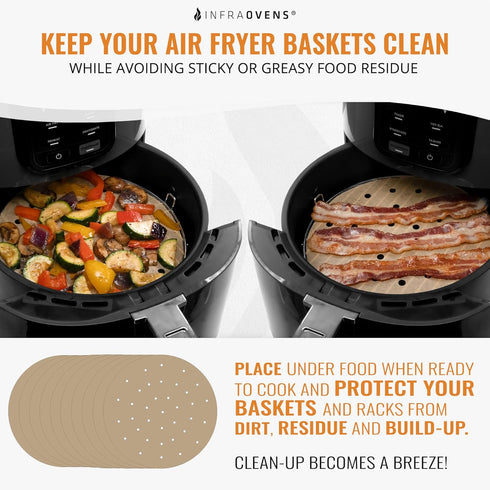 Unbleached Air Fryer Parchment Paper Compatible with Chefman, Cozyna, Gourmia, Gowise + more - 6.7 inch Perforated Pre-Cut Round Paper Liner Sheets, Non-Stick Airfryer Accessories for Baking, Cooking by INFRAOVENS