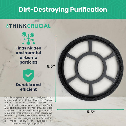 Think Crucial Replacement Vacuum Filters - Compatible with Black & Decker Part # BDASV102 & Air Swivel Models, Bulk (1