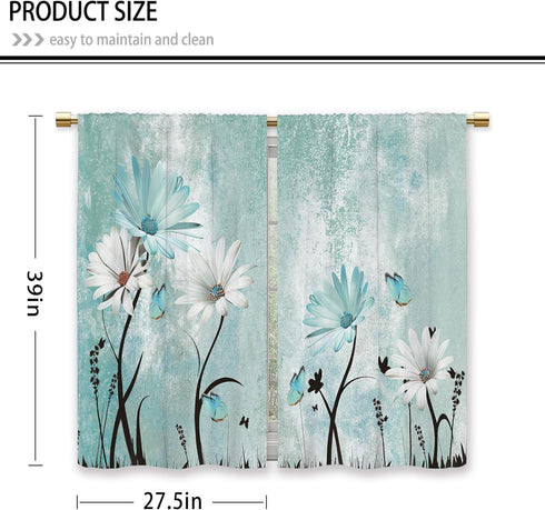 Farmhouse Flower Kitchen Curtains Teal Rustic Daisy Floral Small Short Cafe Window Curtains Country Vintage Turquoise Rod Pocket Bathroom Window Drapes Treatment Tier Curtains (27.5x39 Inch)