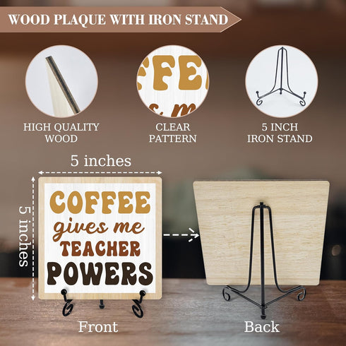 Dskly -52 Coffee Sign Desk Decor, Coffee Gives Me Teacher Powers Sign With Iron Stand, Teacher Appreciation Gifts, Wood